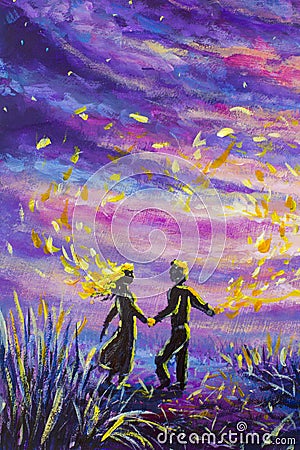 Original Painting abstract man and woman are dancing on sunset. Night, nature, landscape, purple starry sky, romance, love, feelin Stock Photo
