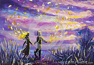 Original Painting abstract man and woman are dancing on sunset. Night, nature, landscape, purple starry sky, romance, love, feelin Stock Photo