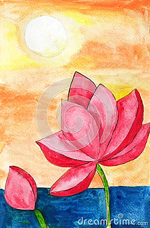 Original painting of a lotus and sun, a child art Stock Photo