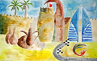 Original painting showing Bahrain heritage Stock Photo