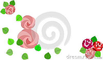 Original postcard for March 8th in pink pastel colors with roses and meringues. Vector Illustration