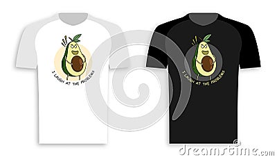 Original print for clothes, shirt. Cheerful avocado character with large bone laughing at problems. Hand drawn cartoon with stroke Vector Illustration