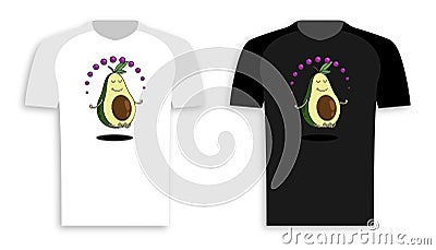 Original print for clothes, shirt. Peaceful avocado fruit meditates in lotus position. Hand drawn cartoon with stroke. Cartoon Vector Illustration