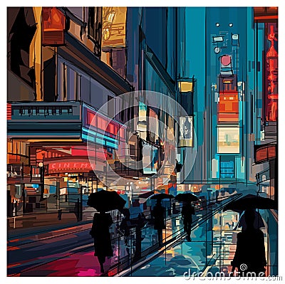 Original representation of Times square in New york on a rainy night Vector Illustration
