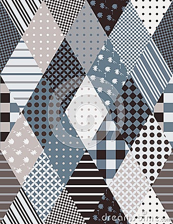 Original seamless patchwork pattern from rhombus elements on gray tones. Vector Illustration