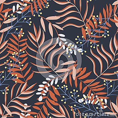 Original seamless pattern with bright tropical plants and leaves on black background. Vector design. Jungle print. Printing and te Vector Illustration