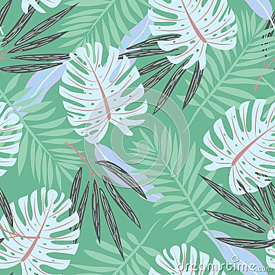 Original seamless pattern with leaves on green background. Vector design. Jungle print. Printing and textiles. Vector Illustration