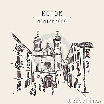 original sepia sketch drawing of Church of Saint Tryphon in Koto Vector Illustration