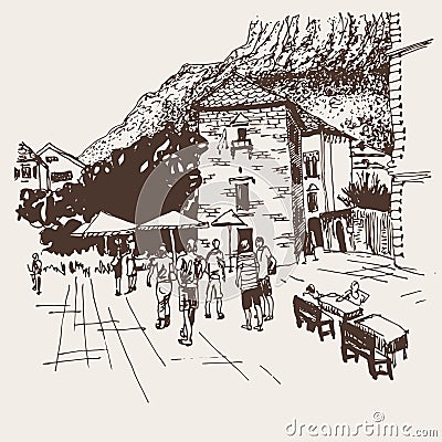 Original sepia sketch drawing of Kotor street - famous place in Vector Illustration