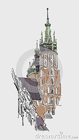 Original sketch drawing of old medieval church in Krakow, Poland Vector Illustration