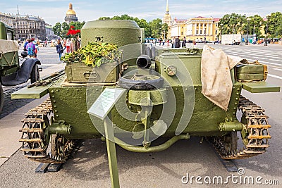 Original small soviet amphibious tank T-38 of World War II on the city action on Palace Square, Saint-Petersburg Editorial Stock Photo