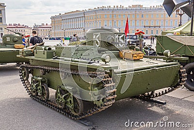 Original small soviet amphibious tank T-38 of World War II on the city action on Palace Square, Saint-Petersburg Editorial Stock Photo