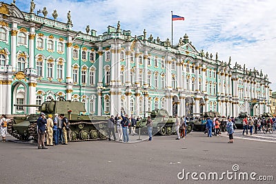 Original soviet tanks of World War II on the city action on Palace Square, Saint-Petersburg Editorial Stock Photo