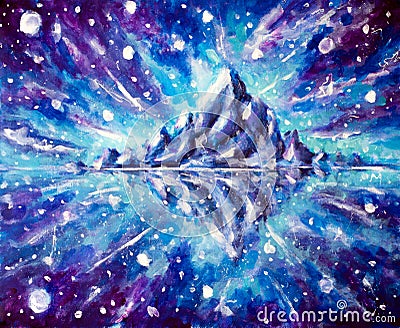 Original Space landscape background - Space starry sky and mountains reflection, stars acrylic on canvas. Creativity hobby Painti Stock Photo