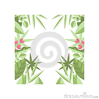 Original square frame of green leaves, branches and pink flowers. Botanical theme. Decorative flat vector element for Vector Illustration