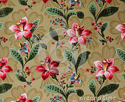 Original textile fabric ornament of the Lily. Crock is hand-painted with gouache. Editorial Stock Photo