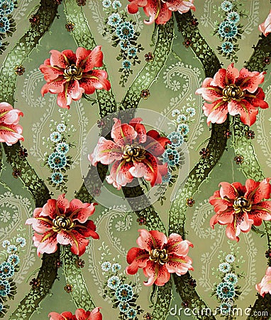 Original textile fabric ornament of the Lily. Crock is hand-painted with gouache. Stock Photo