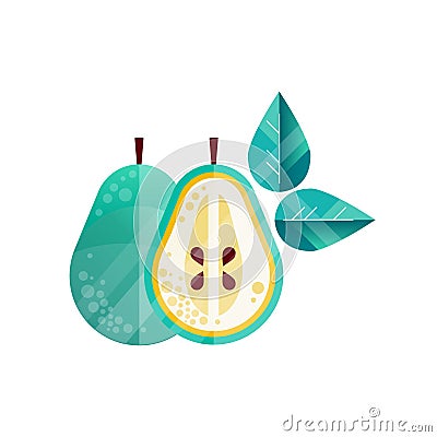 Original textured illustration of whole and half of pear, green leaves. Sweet and healthy fruit. Flat icon with Vector Illustration