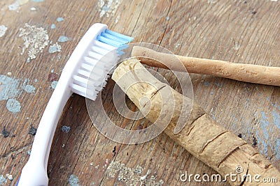 Original toothbrush miswak with modern toothbrush Stock Photo