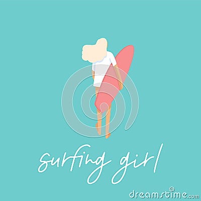 Original vector surfing girl illustration. Long hair beautiful sexy surfer girl on the beach. Cartoon Illustration