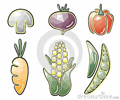 Original vegetables: corn, mushroom, beets, peppers, carrots, peas Stock Photo