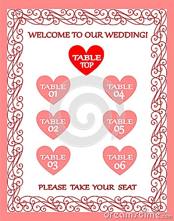 Wedding table chart, seating plan, vintage frame Vector Illustration