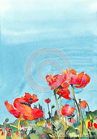Original watercolor poppy flower background Cartoon Illustration