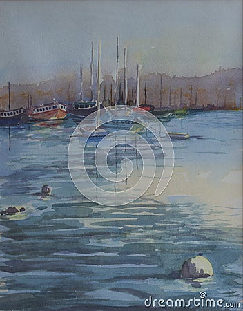 Original Watercolour Painting - Moored Yachts Stock Photo