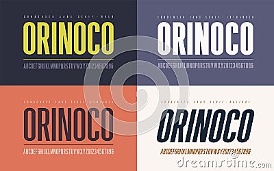 Orinoko condensed bold, semibold, extrabold and oblique san serif vector font, alphabet, typeface, uppercase letters and numbers. Vector Illustration