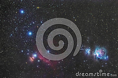 Orion`s belt in the winter sky, stars Alnitak, Alnilam, Mintaka, Horsehead Nebula, Orion Nebula Stock Photo