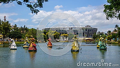 Orixas Statues of Candomble traditional African saints in front of Arena Fonte Nova Stadium in Dique do Tororo - Salvador, Brazil Editorial Stock Photo