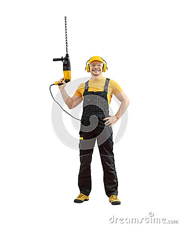 Orker handyman repairman or builder with construction tool - hammer drill percussion perforator Stock Photo