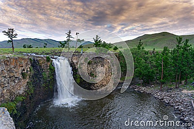 Orkhon waterfall in Mongolia at sunrise Stock Photo