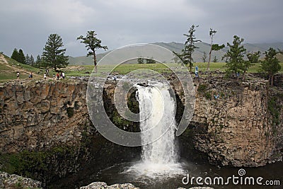 Orkhon waterfall in the huge steppe of the Orkhon valley, Ovorkhangai region, Mongolia. Stock Photo