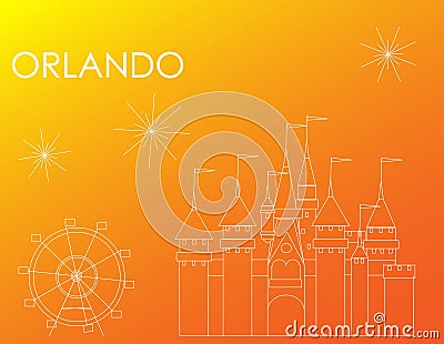 Orlando Atractions white line on colorful background ; Line Art Vector Illustration