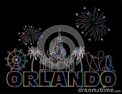 Orlando colorful lettering on black backround . Vector with travel icons. Travel Postcard. Editorial Stock Photo