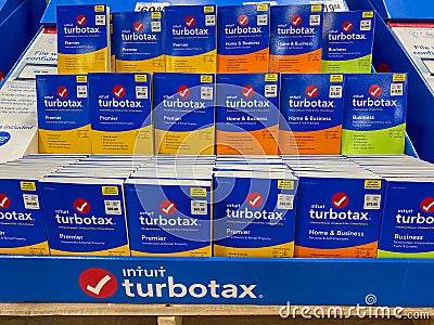 A display of Intuit Turbotax Premier on a display shelf of a Sams Club Wholesale Store Editorial Stock Photo