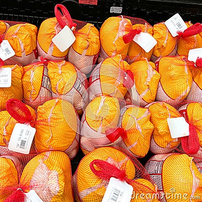A display of frozen turkeys in the refrigerated meat aisle of a Sams Club grocery store Editorial Stock Photo