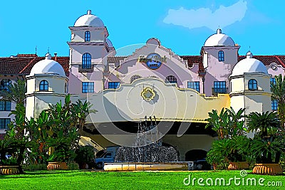 Beatiful Illustration Photography of California mission-style facade at Hard Rock Hotel. Editorial Stock Photo