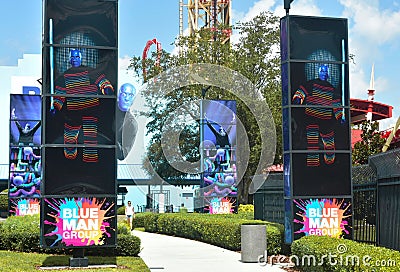 Blue Man Group colorful main entrance and Rollercoaster. Editorial Stock Photo
