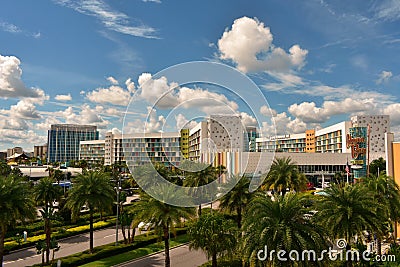 Colorful Hotel on cloudy blue sky at Universal Studios area. Editorial Stock Photo