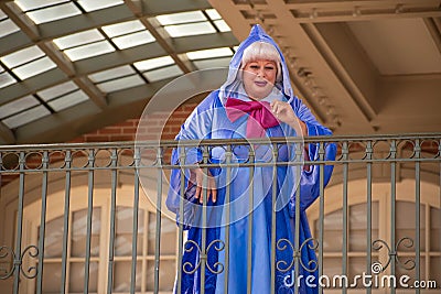 Fairy Godmother waving waving from the balcony at Walt Disney World Railroad at Magic Kingdom 9 Editorial Stock Photo