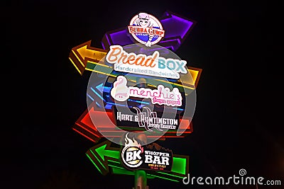 Neon restaurant signs, at Universal Citywalk. Editorial Stock Photo