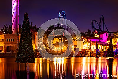 Sky Tower, Manta Ray and Christmas trees on colorful lake at Seaworld 316 Editorial Stock Photo