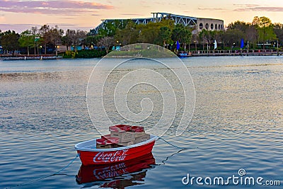 Coca Cola boat and Shamu Stadium at Seaworld Theme Park. Editorial Stock Photo