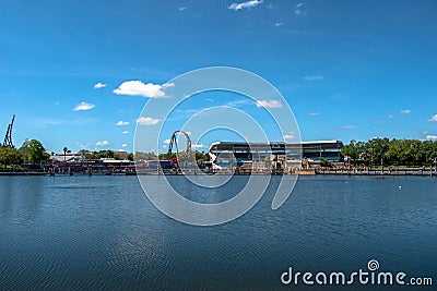 Panoramic view of Ice Breake rollercoaster and Bayside Stadium at Seaworld 50. Editorial Stock Photo