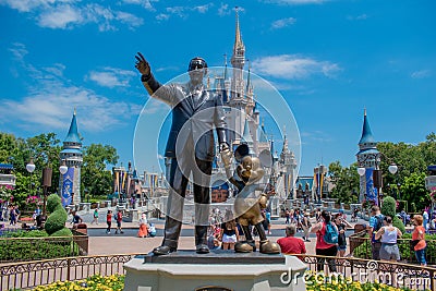 View of Partners Statue This statue of Walt Disney and Mickey Mouse is positioned in front of Cinderella Castle in Magic Kingdom Editorial Stock Photo