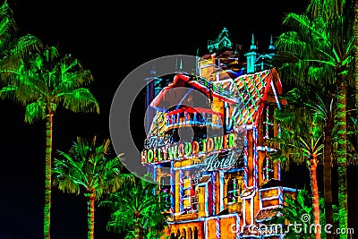 Colorful projections on The Hollywood Tower Hotel at Hollywood Studios 161. Editorial Stock Photo