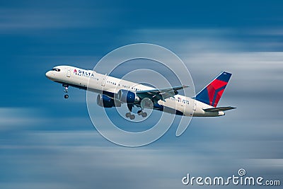 Delta Airlines aircraft taking off in airport area 1. Editorial Stock Photo