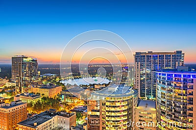 Orlando, Florida, USA aerial skyline towards Lake Eola Stock Photo